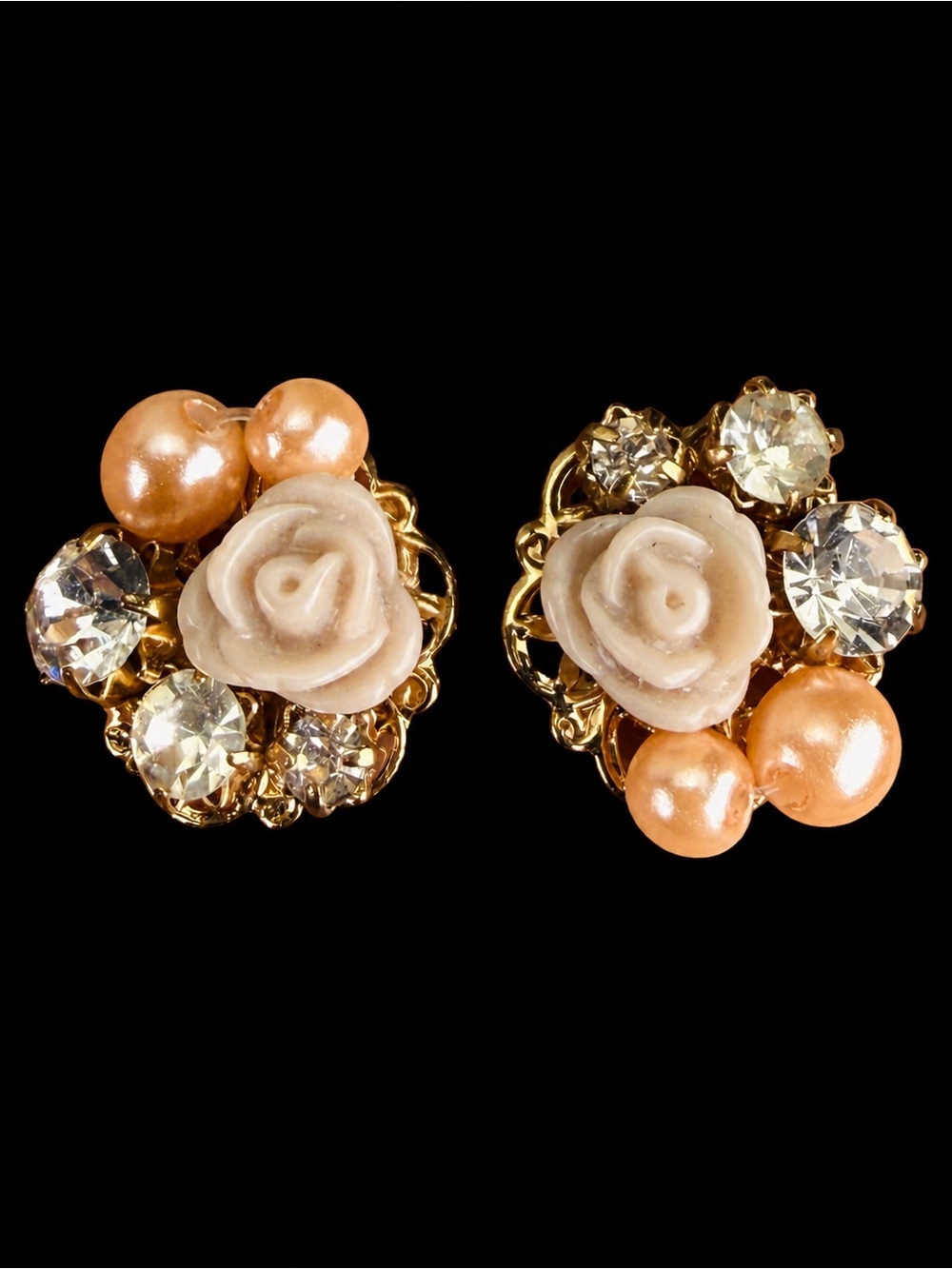 Vintage Rose Pearl Clear Stone Gold Tone Pierced Statement Earrings